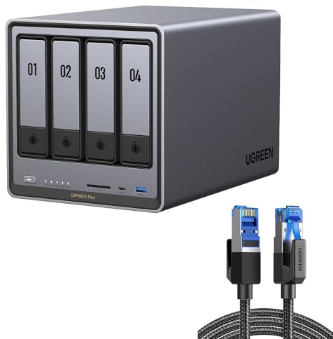 UGREEN NASync DXP4800 Plus, NAS 4 bahías + Cable de Red Ethernet Cat 8 LAN 2 Metros, Intel Pentium Gold 8505, 8GB DDR5, 128GB SSD, 10GbE & 2,5GbE, 2 Ranuras M.2 NVMe, HDMI 4K (sin Disco)