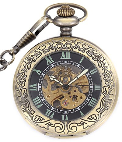 Infinite U Automatique à Remontage Lumineux Montre de Poche Mécanique Style Romain Squelette Creux en Acier Pendentif Collier Bronzé