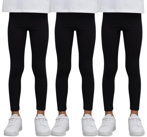 Bonjour® - 3 Pack Girls Leggings - Dance Gym PE Leggings Stretchy - 95% Cotton - Ages 5-13 (Black, 7-8 yrs)