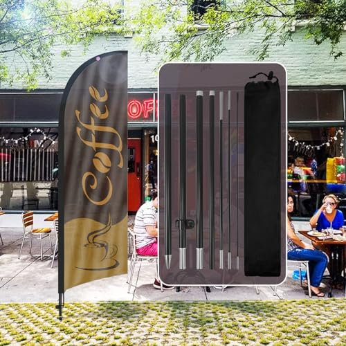 QSUM Coffee-Federflagge,8FT Coffee-Werbe-Swooper-Flagge mit Stangen-Set, Erdspieß,Coffee-Schilder für Unternehmen und Schaufenster