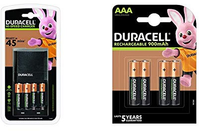 Duracell 45 Minutes Battery Charger with 2 AA and 2 AAA & Rechargeable AAA 900 mAh Batteries, Pack of 4