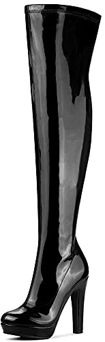Allegra K Botas altas gruesas de charol con plataforma por encima de la rodilla para mujer, Black, 40 EU