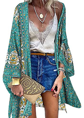 CheChury Cárdigans Kimono Floral Manga Larga Kimono Mujer Camisolas Casual Gasa Pareos Playa Ropa de Baño Verano Blusa Suelta Boho Bikini Cover Up Caftan Playa Chaqueta Mujer Chal Verano Boho Túnica