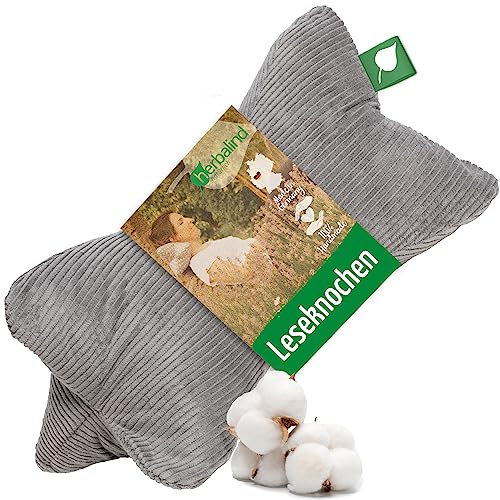 Herbalind Leseknochen Nackenrolle 40x18 cm Cord Design - 100% Baumwolle Cordstoff robust und waschbar - ergonomisches Nackenkissen als Lesekissen zum Relaxen, Lesen - für Tablet - grau