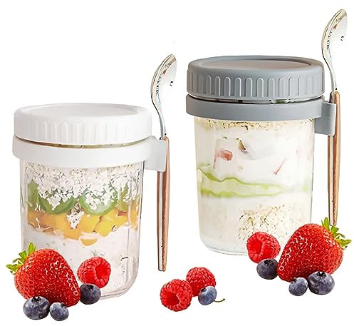 Iceten Overnight Oatmeal Jar with Lid and Spoon, 10 oz Mason Jars, Portable Breakfast Jars, Sealable Jars with Graduated Strips for Salads, Chia Seeds, Yoghurt, Fruit, Cereal (Grey and White).