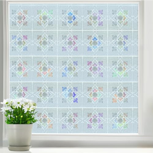 DARUITE Pellicola per Vetri Finestre Fiori di Luce e Ombra Pattern ed Effetto ArcobalenoAnti-UV Statica Pellicola Oscurante Vetri Finestre Adatto Casa Ufficio （44.3 x 200CM）