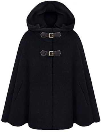 PengGengA Capa con Capucha Mujer Abrigo Invierno Largo Poncho Mezcla de Lana con hebilla - Negro, L