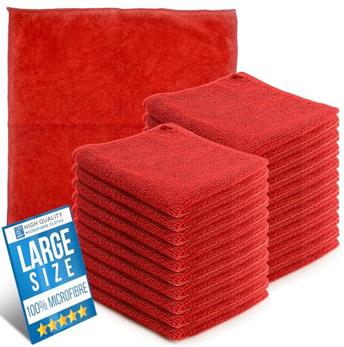 Microfiber Cleaning Cloth, Large Size 40x40cm, Super Absorbent Lint Free Microfibre Cloths Cleaning for Home, Kitchen, Surface, Mirrors, Bathrooms, Motorbike, Car (Red, 20)