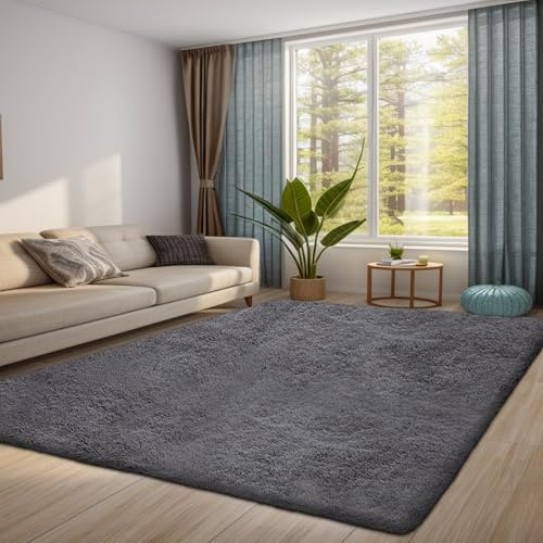 QUINZI Tappeto per soggiorno e camera da letto, morbido e morbido, antiscivolo, lavabile (grigio scuro, 80 x 160 cm)
