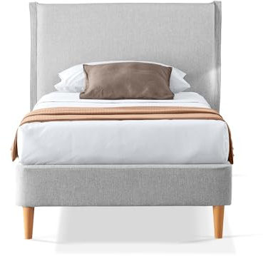 EVERGREENWEB Letto Singolo in doghe in legno con Testata e rivestimento in tessuto Grigio Chiaro | facile da montare |Adatto per materasso cm 90x200 | Letto di Design |Mod. Parigi