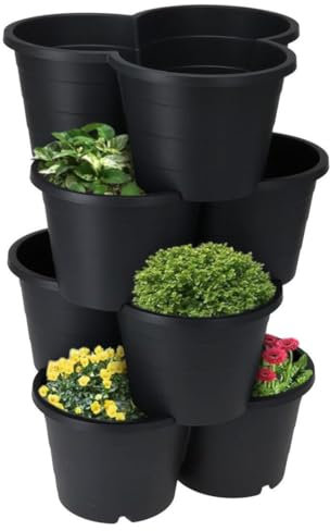 GEEZY Stackable Flower Pot Planters – Set of 4, Large Black Plastic Tiered Design for Outdoor Vertical Garden, for Herbs, Strawberries, Flowers – Space-Saving Durable Pots for Gardening Enthusiasts