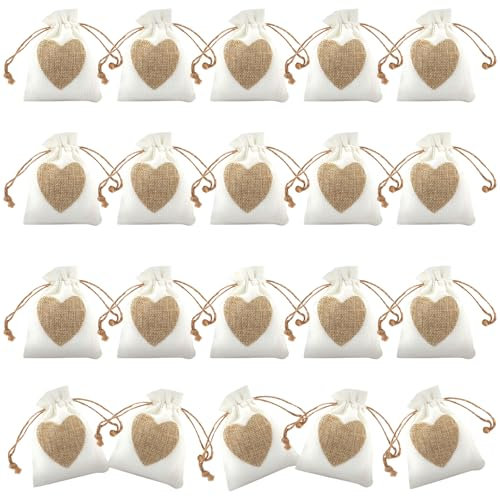 20 Stück Kleine Säckchen zum Befüllen Jutesäckchen Stoffbeutel mit Kordelzug Kleine Säckchen Geschenksäckchen mit Herz Jutebeutel Klein für Schmuck DIY Hochzeit Party Süßigkeiten (10×8cm)