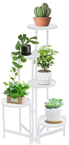 MINRS Pflanzenständer 5 Etagen Blumenständer Metall Weiß Pflanzenregal für mehrere Pflanzen Pflanzentreppe Hoher Pflanzenständer für Terrasse, Garten, Ecke, Balkon, Wohnzimmer