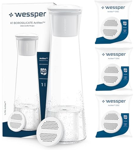 Wessper Botella filtrante Jarra con Filtro, 4 filtro Actitex incluidos, 1 litro, de Agua filtrada instantáneamente, Reduce el Cloro, Mejora el Sabor del Agua