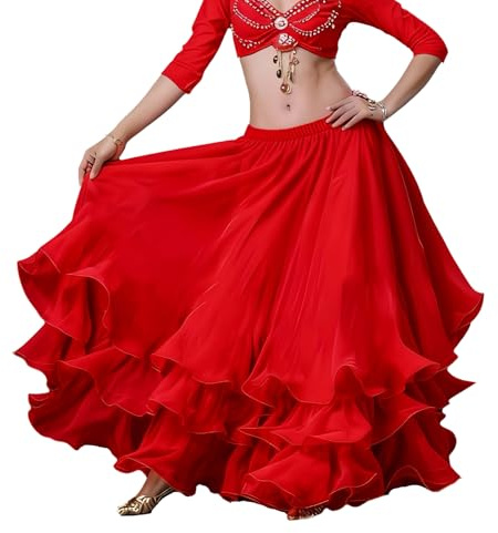 Women's 3-Layer Chiffon Hem Big Swing Skirt Belly Dance Spanish Long Skirts (Red)