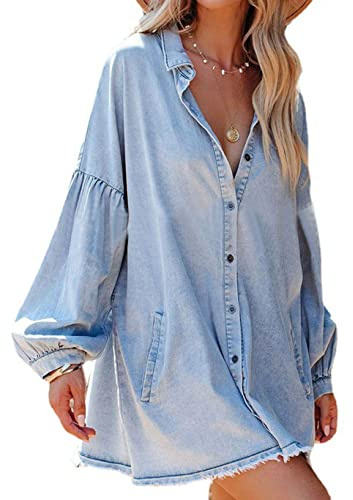 Minivestido tipo camisa de mezclilla de gran tamaño para mujer, casual, con botones, manga larga, ajuste holgado, chaqueta de cambray con bolsillos, uso diario, salida de baño para bikinis de playa