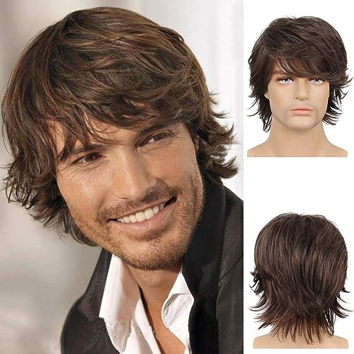 Qnbiar Brown Wig for Mens Short Layered Natural Fluffy Synthetic Hair Wig Heat Resistant Halloween Cosplay