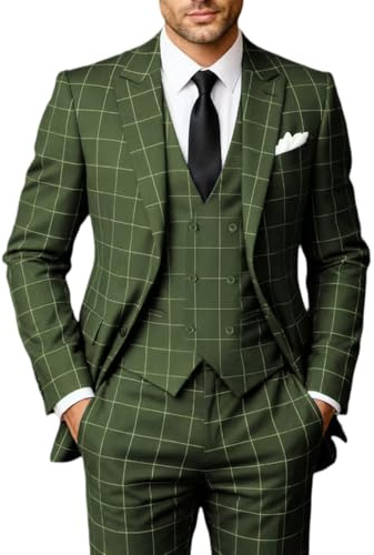 Solovedress Herrkläder 3 delar klassisk rutig kostym herr jacka byxor väst för bröllop och butik, olivgrön, L