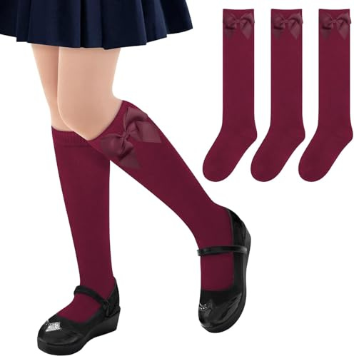 Calcetines Altos Escolares con Lazo para Niñas, Medias Largas de 78% Algodón para Uniforme y Deporte, 3 pares (FR/ES, Números, 23, 26, Granate)