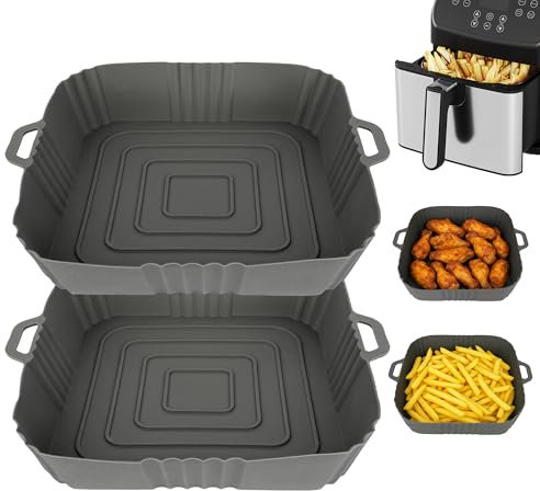 7'' Silicone Air Fryer Liners - 2pc Reusable, Air Fryer Accessories, Compatible with Ninja, Tower, Heat Resistant, Airfryer Liner Non-Stick Air Fryers Basket Tray (2 Pack - Square Silicone Liners)