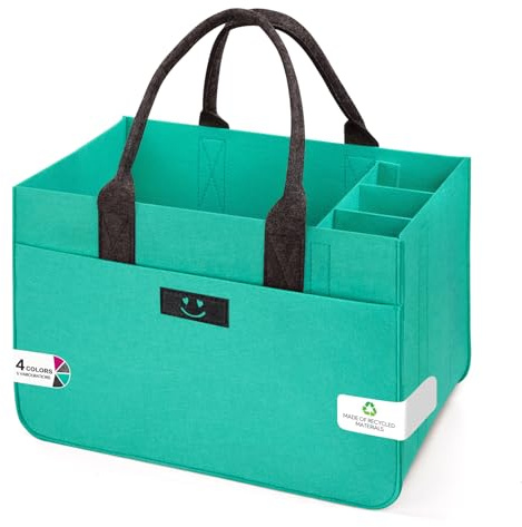 Eurhomewit Filt shoppingkorgar, filtväska, shoppingväska med fack, filtväska, stor 30 l, vikbar flaskväska, vedväska, klädkorg, leksaksväska (Smiley turkos mörkgrå/1 stycken)