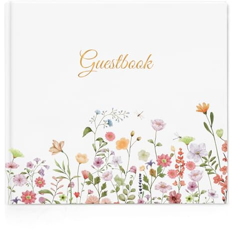 Wedding Guest Book with 40 Beautiful Stickers,48 Double Pages, Made High Quality Thick Paper-Dimensions: 21 x 23cm,Hard Cover Blank Guest Book for Wedding,Baby Shower,Birthdays,Garden Patterns-White