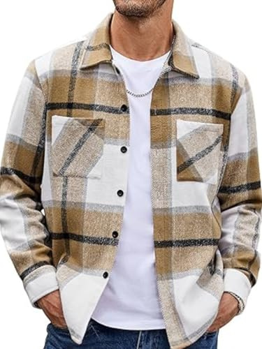 EUDOLAH Camisa de Franela Hombre a Cuadros Overshirt Manga Larga Estilo Leñador Cuello Abotonado y Ajuste Regular Fit Estilo Casual Vintage(M,Beige)