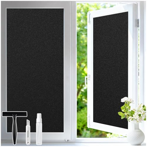 Haton Blackout Window Film Kit, Frosted Privacy Cover for Glass, Sun Light Blocking Black Out Window Tint, Static Cling Room Darkening Heat Control Shades for Home Day and Night, Black 17.5 x 78.7