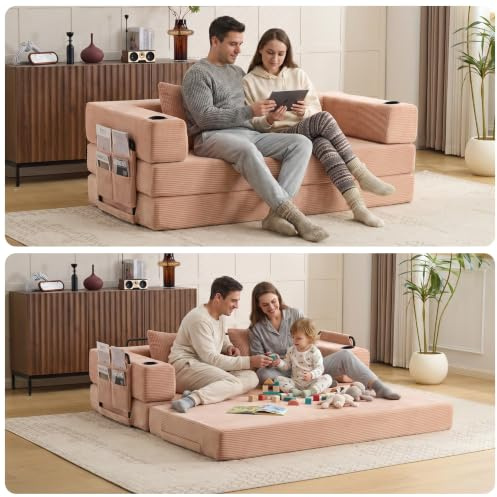 luckdect Canapé Convertible en Velours Côtelé, Canapé 3 Places avec des Poches et 2 Supports pour Tasses, Canapé-lit 4 en 1,Canapé Compressé,Fauteuil Convertible Confortable pour Chambre à Coucher