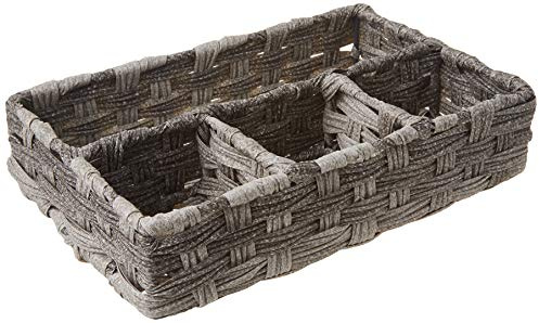 Whitmor 4-Compartment Woven Storage Basket with Dividers, Divided Makeup Organizer and Drawer Split Rattique Bin for Bathroom Countertop, Vanity, Office Desk, 11.8x7.9x2.8 Inches, Gray
