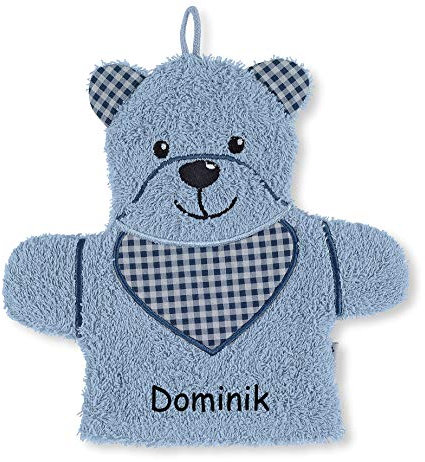 Sterntaler Spiel-Waschhandschuh Bär Baylee mit Namen bestickt, Blau, 24 cm, Waschlappen für Kinder & Babys personalisiert