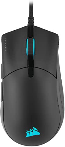Corsair SABRE RGB PRO CHAMPION SERIES Mouse Gaming Forma Ergonomica per Giocatori di eSports, Leggero un Peso di Solo 74 g, Cavo Paracord Flessibile, Tasti QUICKSTRIKE con gap nullo, Nero