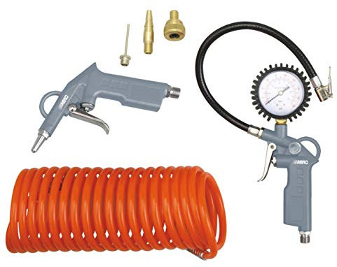 ABAC 6 Pièces Kit d'Accessoires Pour Compresseur G-813, Comprenant un Gonfleur de Pneus avec Manomètre, une Soufflette, un Tuyau en Spirale de 5 m, 3 Embouts de Gonflage, Pression Max. 8 Bar