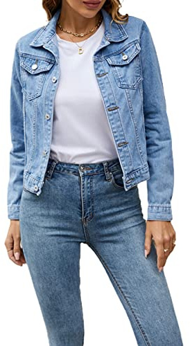 FeMereina Women's Denim Jacket Long Sleeve Cropped Oversize Vintage Boyfriend Button Down Loose Jeans Coat S-XXL