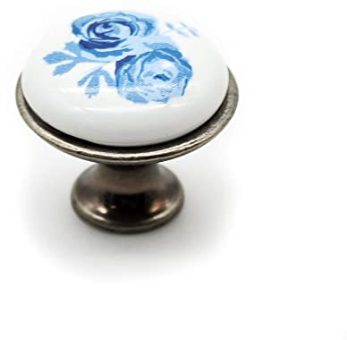 DOJA Barcelona | Pomelli Vintage Rosa Azzurra | Ø26.5x23mm | Confezione 12 pz | Pomelli in Porcellana Antica e Ottone Anticato | Pomello Porta Rustica | Pomoli Vintage Cucina, Bagno, Salotto