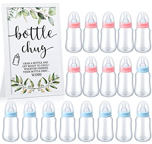 Roowest Bottle Chug Baby Shower Games Favors Including 18 Pcs Bottles with 1 Bottle Chug Wooden Sign for Gender Reveal Baby Shower Party Supplies(Pink, Blue,Eucalyptus)