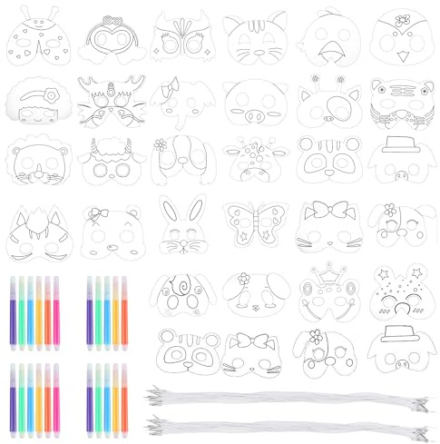 Masques pour Enfants Animaux Artisanat Carte Blanche Masques à Colorier | Masque Cosplay avec Stylos à Aquarelle pour Pochette Cadeau de Fête, Fête d'anniversaire 32 Pièces