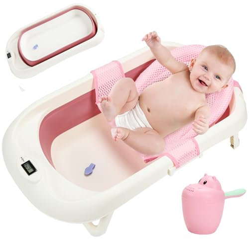 SWANEW Baby Badewanne, Faltbar Babybadewanne, Klappbare Badewannen, Baby Badewanne mit Thermometer und Bath Mat, Baby-haarwaschbecher, Babybadewanne Neugeborene für Babys 0-6 Jahre,Rosa