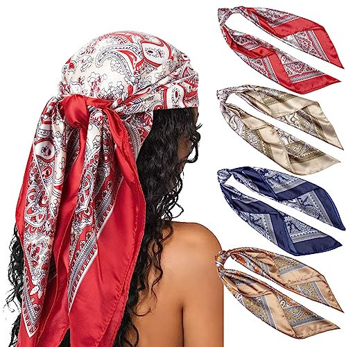 DRESHOW 90x90cm Große Quadratische Schals für Damen 4 Stück Seide Kopftuch