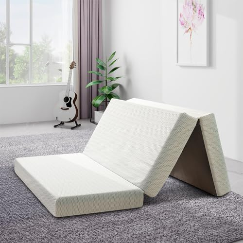 MUUEGM Folding Mattress 6 Inch Tri Folding Memory Foam Topper Queen Size Foldable with Washable Cover,Guest Bed with Storage Bag for Yoga/Camping/RV,Non-Slip Bottom