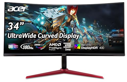 Acer Nitro 3440 x 1440 1500R Curved Gaming-Monitor, 86,4 cm (34 Zoll), UWQHD, AMD FreeSync Premium, Upgrade bis zu 180 Hz, 1 ms (VRB) | 400nit | DisplayHDR 400 | 1 x DP 1.4 und 2 x HDMI 2.0 |