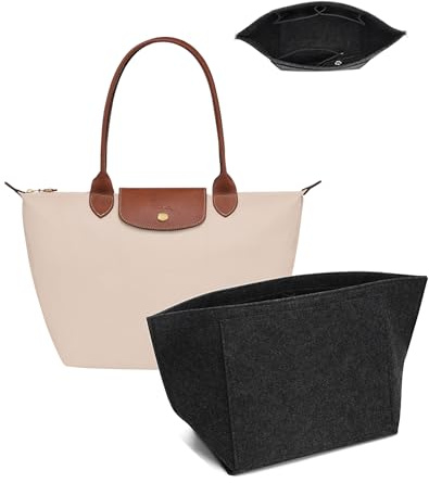 Umiup Väskorganisatör för Longchamp Le Pliage Medium, filtinsats för handväska/tygväska med mugghållare och dragkedja, 8 fack, Mörkgrått, M