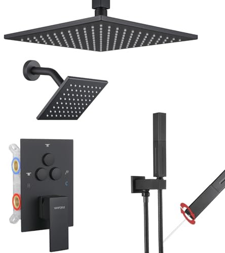 VANFOXLE Set di rubinetti per doccia, sistema doccia nero opaco, deviatore a pulsante con doccetta 2 in 1, montaggio a soffitto da 25,4 cm, soffione doccia con montaggio a parete da 15 cm
