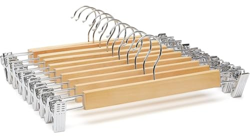 KROWN - 6 Perchas de Madera Natural con Clips Antideslizantes y Ganchos Giratorios, Robusta y Brillante, Ideal para Pantalones, Shorts, Faldas, Calcetines y Ropa Interior