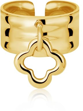 BUMMER Bague Pendentif Martelée en or Bagues à Breloques en Acier Inoxydable Plaqué or 18 Carats Avec Pendentif Trèfle Bague Ouverte Réglable pour Cadeaux