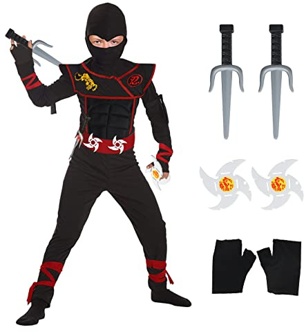 GUBOOM Déguisement Ninja pour Enfants, Ensemble de costumes de ninja pour enfants, Costume de Ninja d'Halloween, Muscle Samouraï Ninja (M)