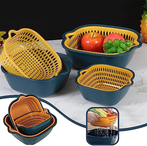 6PCS Kitchen Washbasin Set, Double-Layer Plastic Vegetable Fruit Cleaning Basket with Drainer