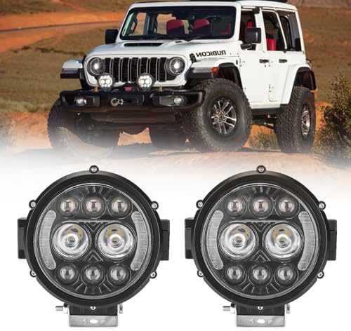 Chelhead 7 Inch Led 50W Round Off Road Lights with White and Amber DRL 1900-6500K Motorcycle Headlight Spot Beam Offroad Lights Compatible with 9-30V Car Offroad Truck Motorbike Pickup Boat