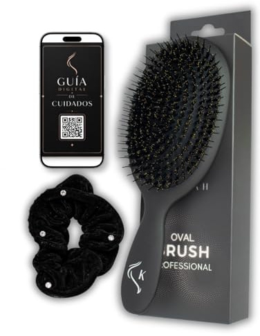 Cepillo de Cerdas de Jabalí para Cabello – Cepillo Pelo Antiencrespamiento y Antirotura, Cepillo Desenredante Cabello Largo y Extensiones+ Goma Terciopelo + Guia de cuidados del cabello