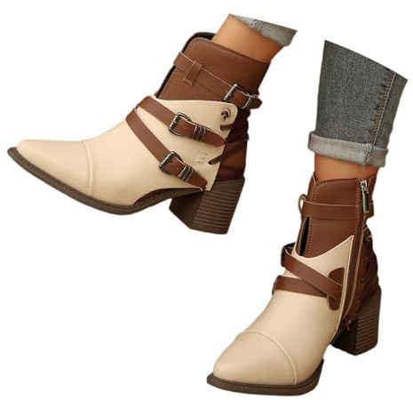 Generisch Bottines confortables à fermeture éclair pour femme - Bottes western rétro - Bottes mi-hautes élégantes - Chaussures de costume traditionnel - Chaussures de marche, O beige., 38 EU